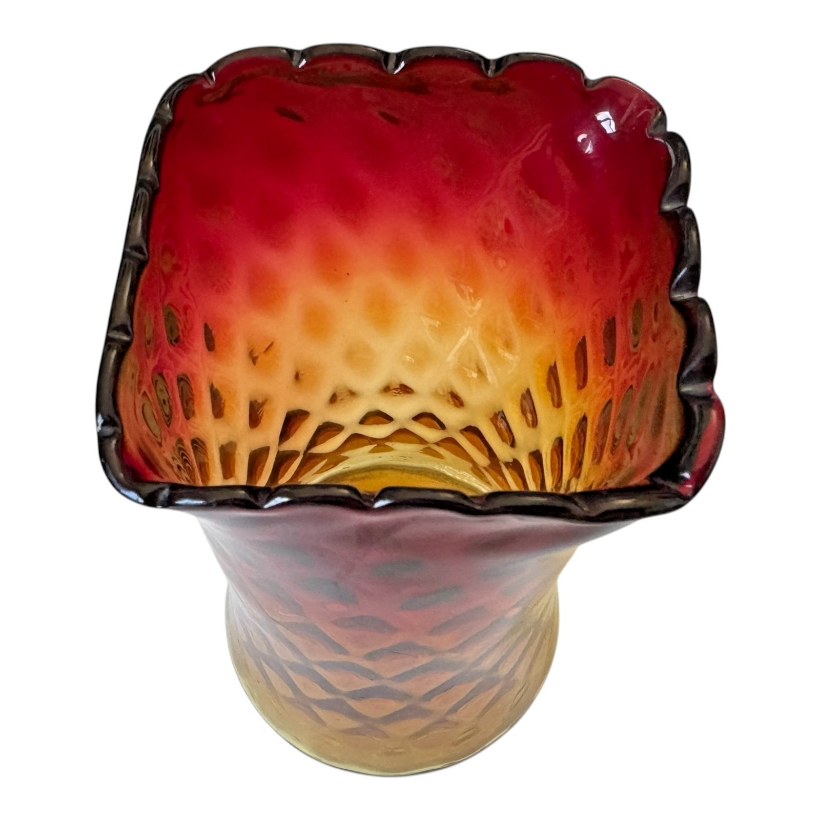 Antique New England Amberina Glass Raindrop Quilted Square Top Celery Vase