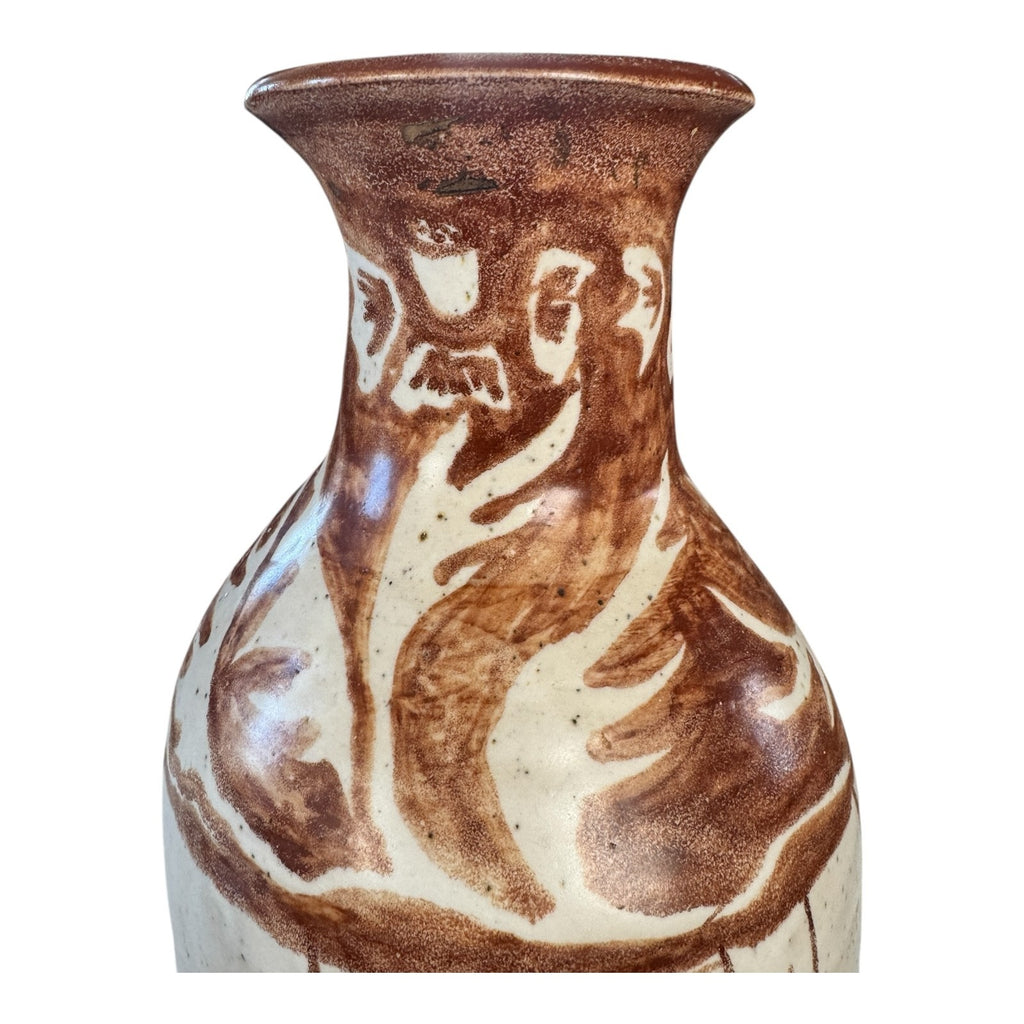 Vintage Tall Handmade Studio Art Pottery Stoneware Vase - Cream & Brown Glaze