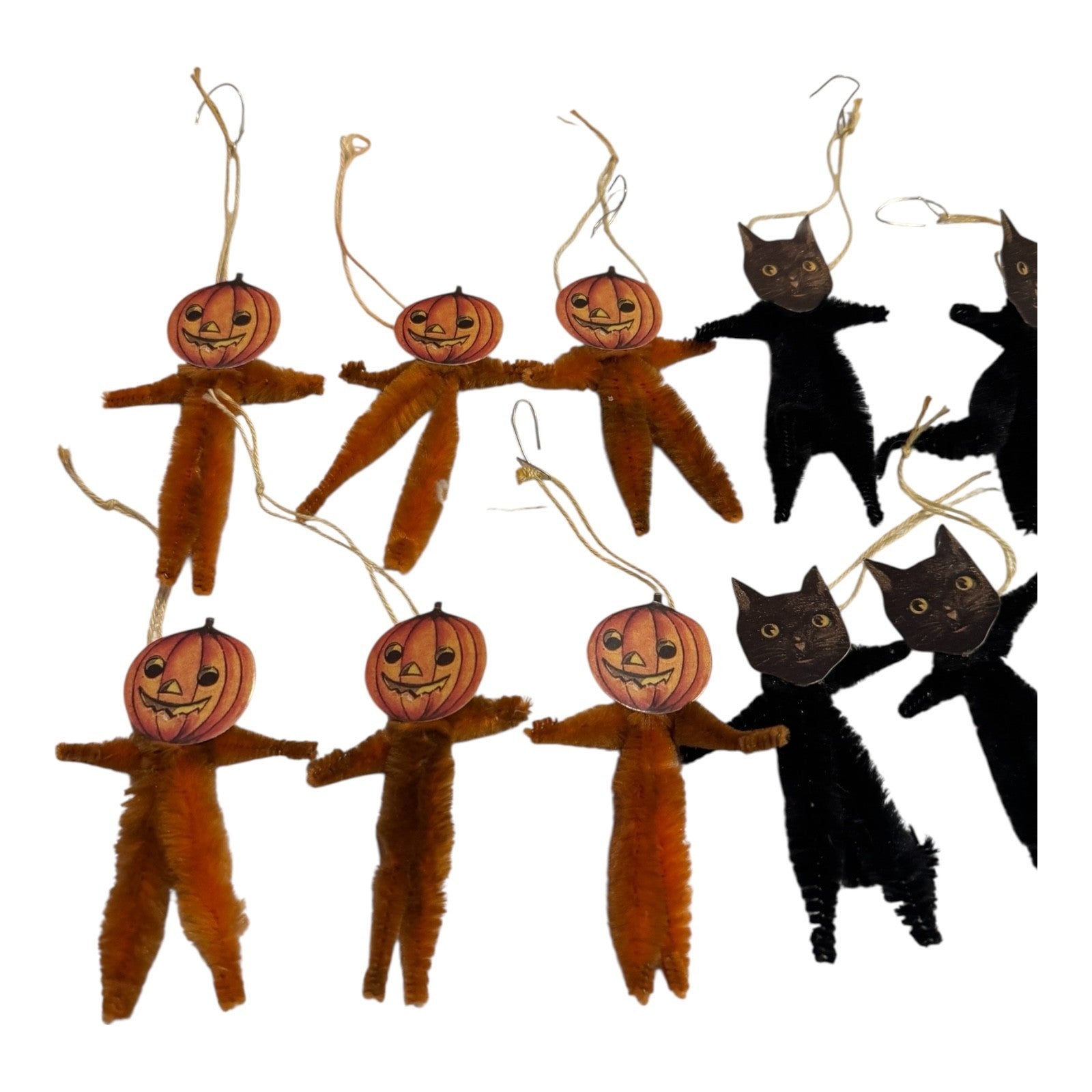 Vintage Japan Chenille Halloween Black Cat & Pumpkin Ornaments (Set of 12)