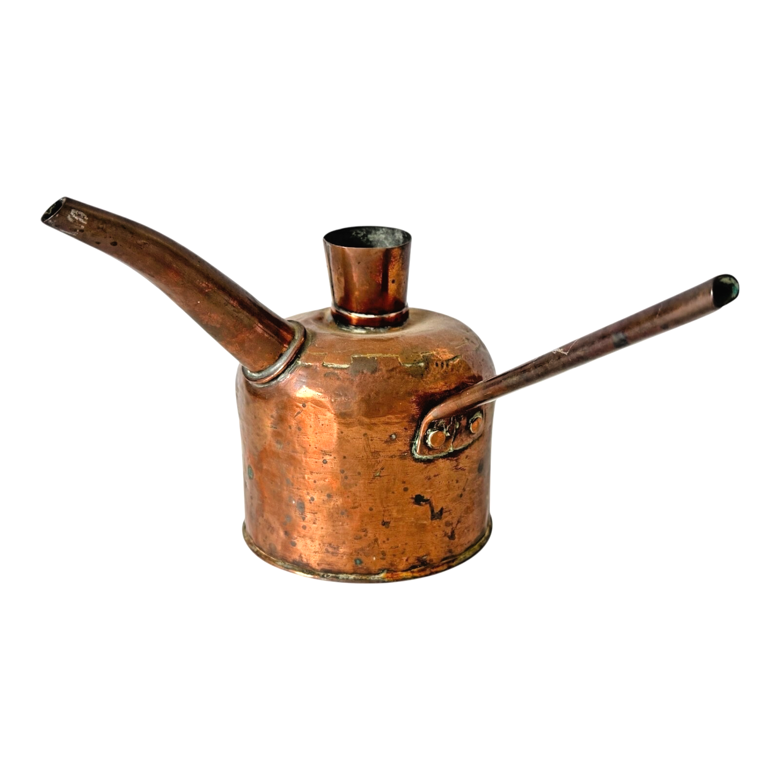 Antique Hand-Hammered Copper Oil Can with Side Handle & Long Spout