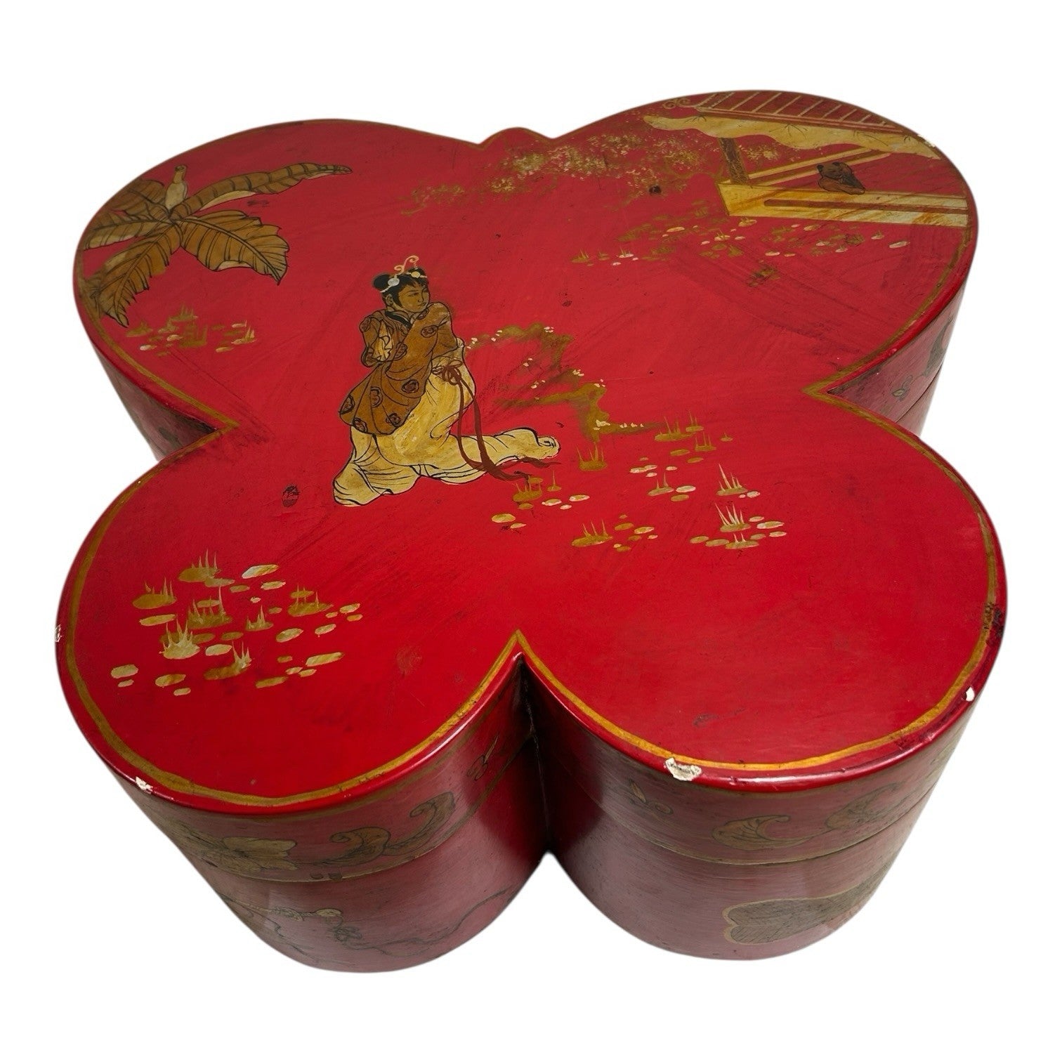 Antique Chinese Butterfly Shape Wedding Dowry Wood Box