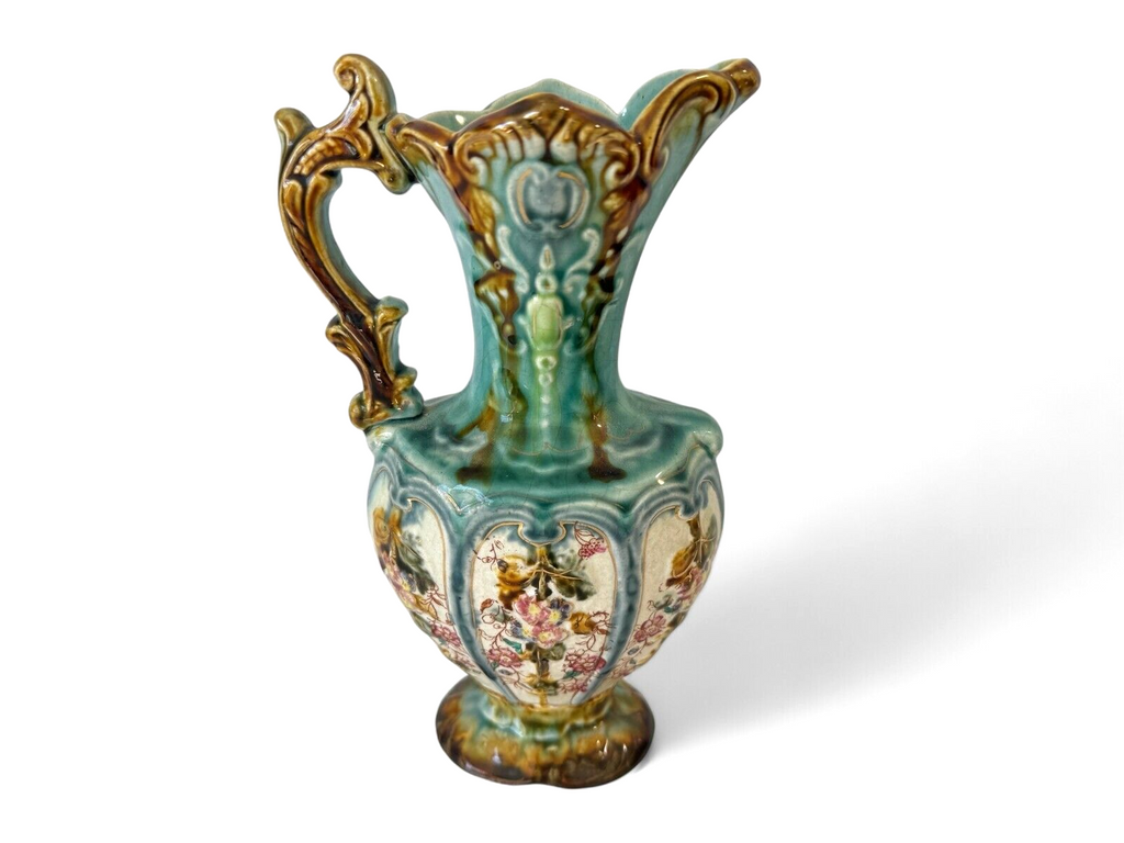 Antique Staffordshire Alhambrian Pottery Majolica Floral Pitcher