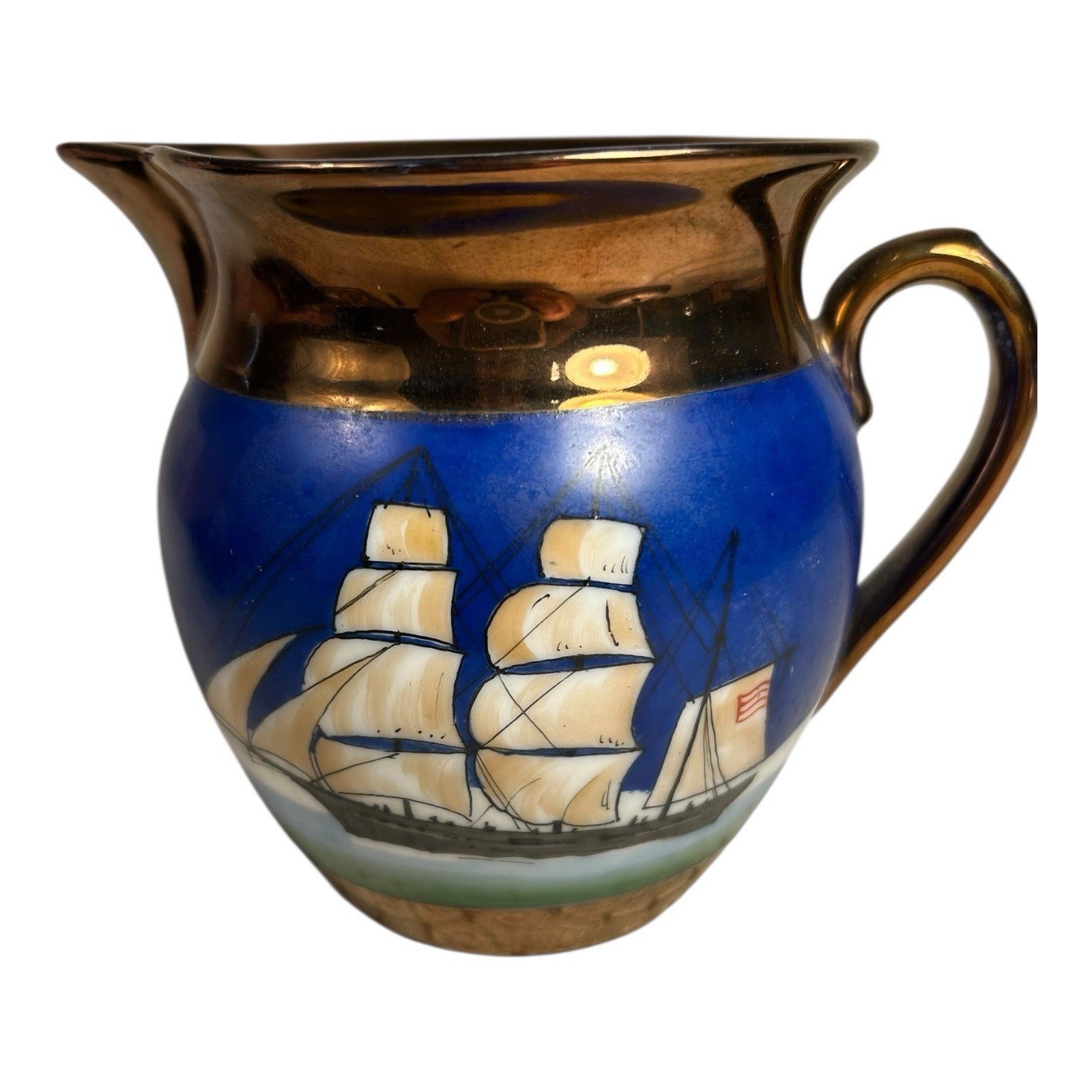 Antique Historical Copper Lustre Pitcher with American Eagle Shield and Ship
