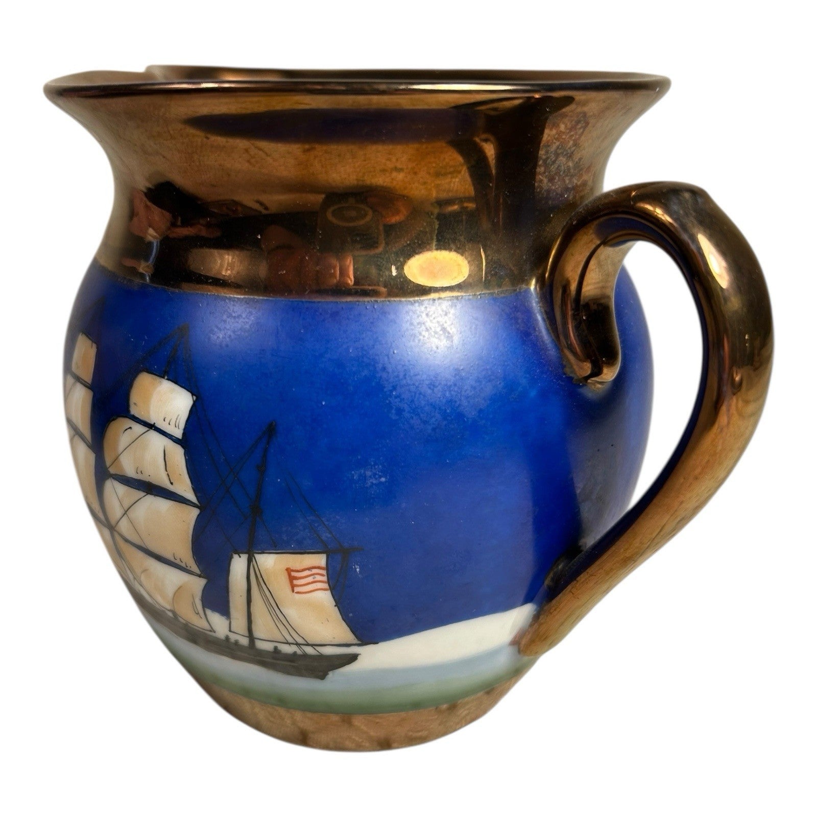 Antique Historical Copper Lustre Pitcher with American Eagle Shield and Ship