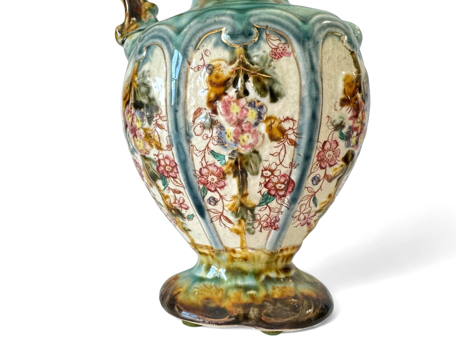 Antique Staffordshire Alhambrian Pottery Majolica Floral Pitcher
