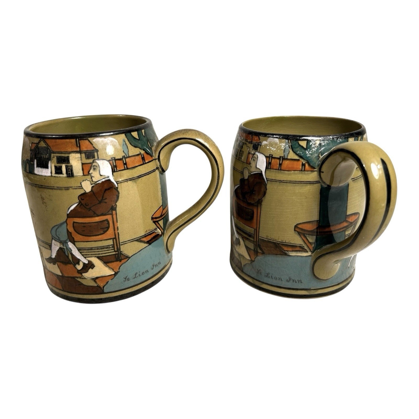 Antique Buffalo Pottery Set of Two Mugs Beer Stein Ye Lion Inn