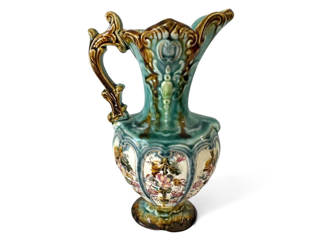 Antique Staffordshire Alhambrian Pottery Majolica Floral Pitcher