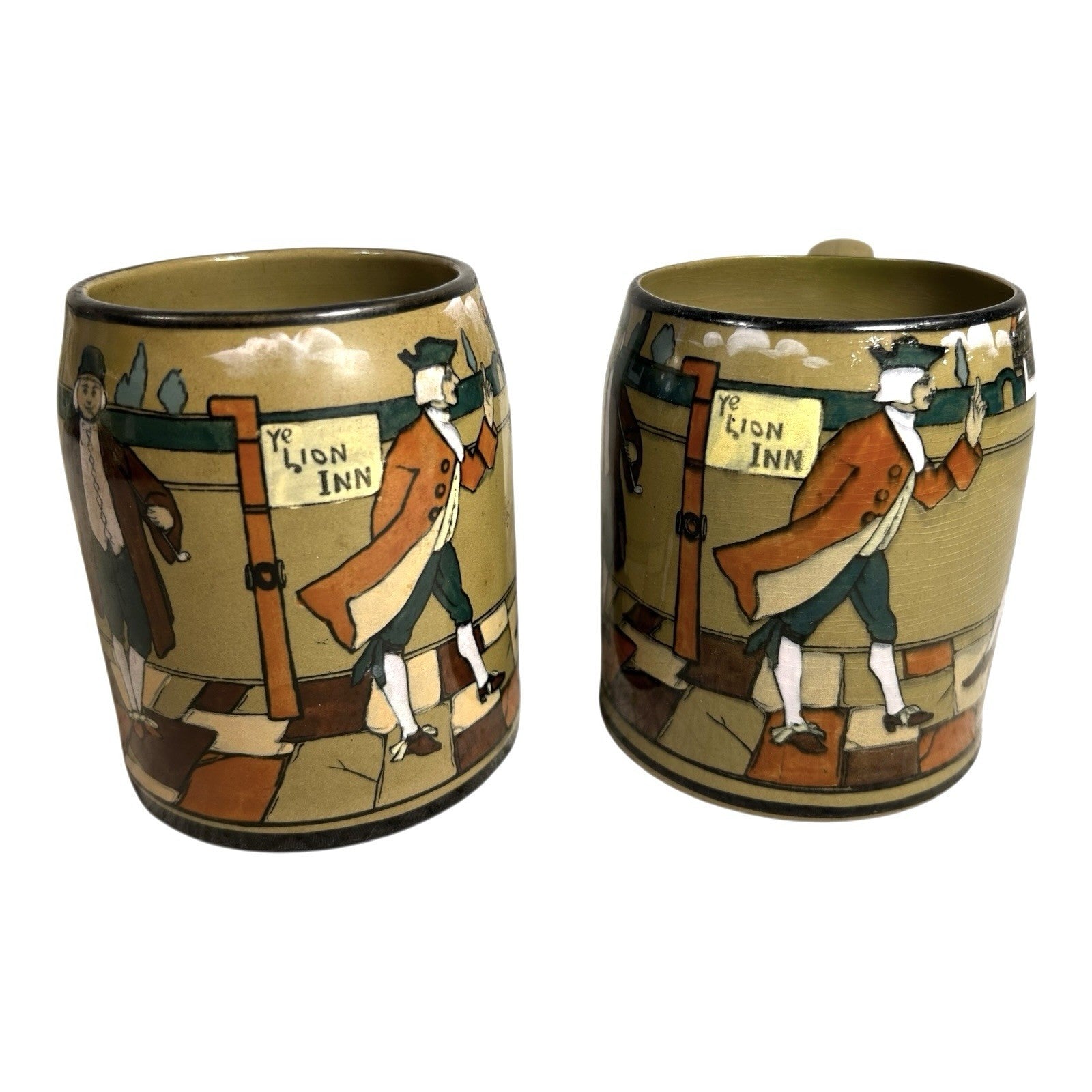 Antique Buffalo Pottery Set of Two Mugs Beer Stein Ye Lion Inn