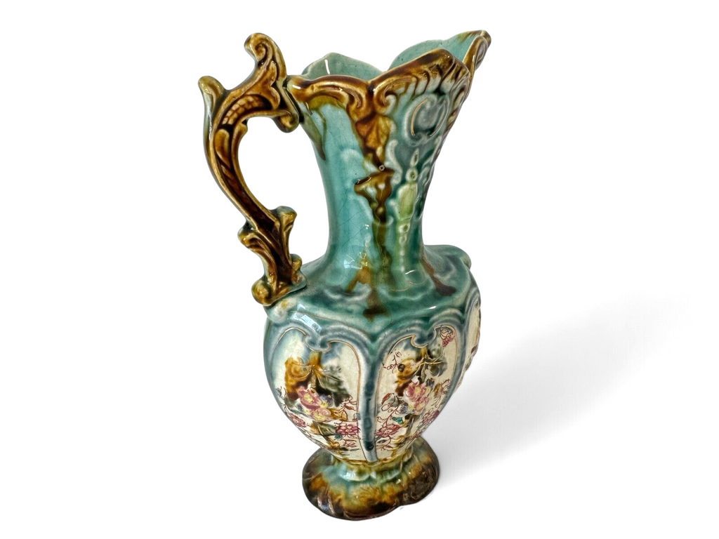 Antique Staffordshire Alhambrian Pottery Majolica Floral Pitcher
