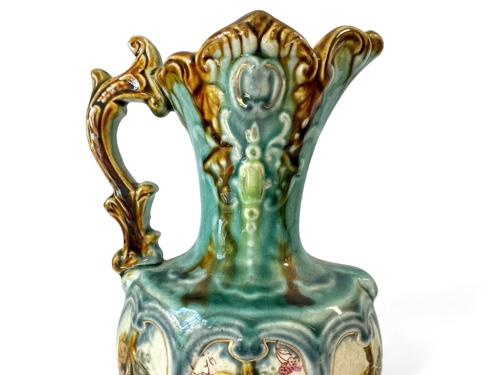 Antique Staffordshire Alhambrian Pottery Majolica Floral Pitcher