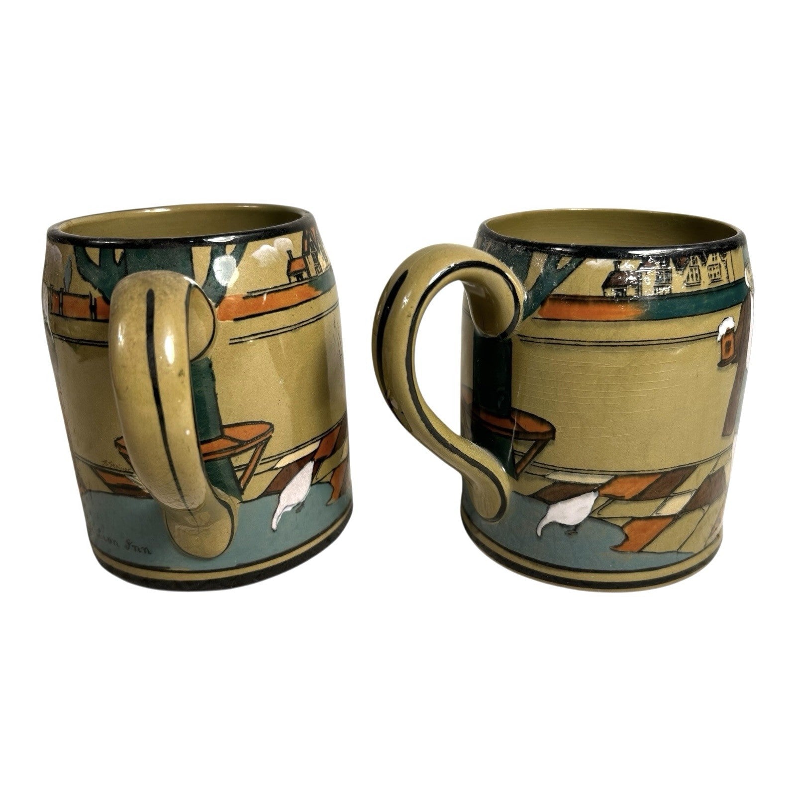 Antique Buffalo Pottery Set of Two Mugs Beer Stein Ye Lion Inn
