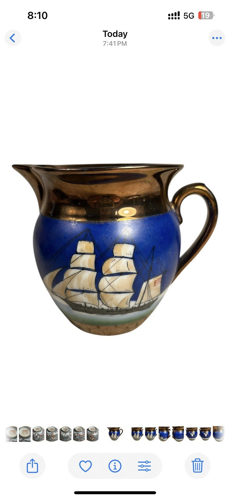 Antique Historical Copper Lustre Pitcher with American Eagle Shield and Ship