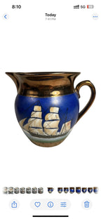 Antique Historical Copper Lustre Pitcher with American Eagle Shield and Ship