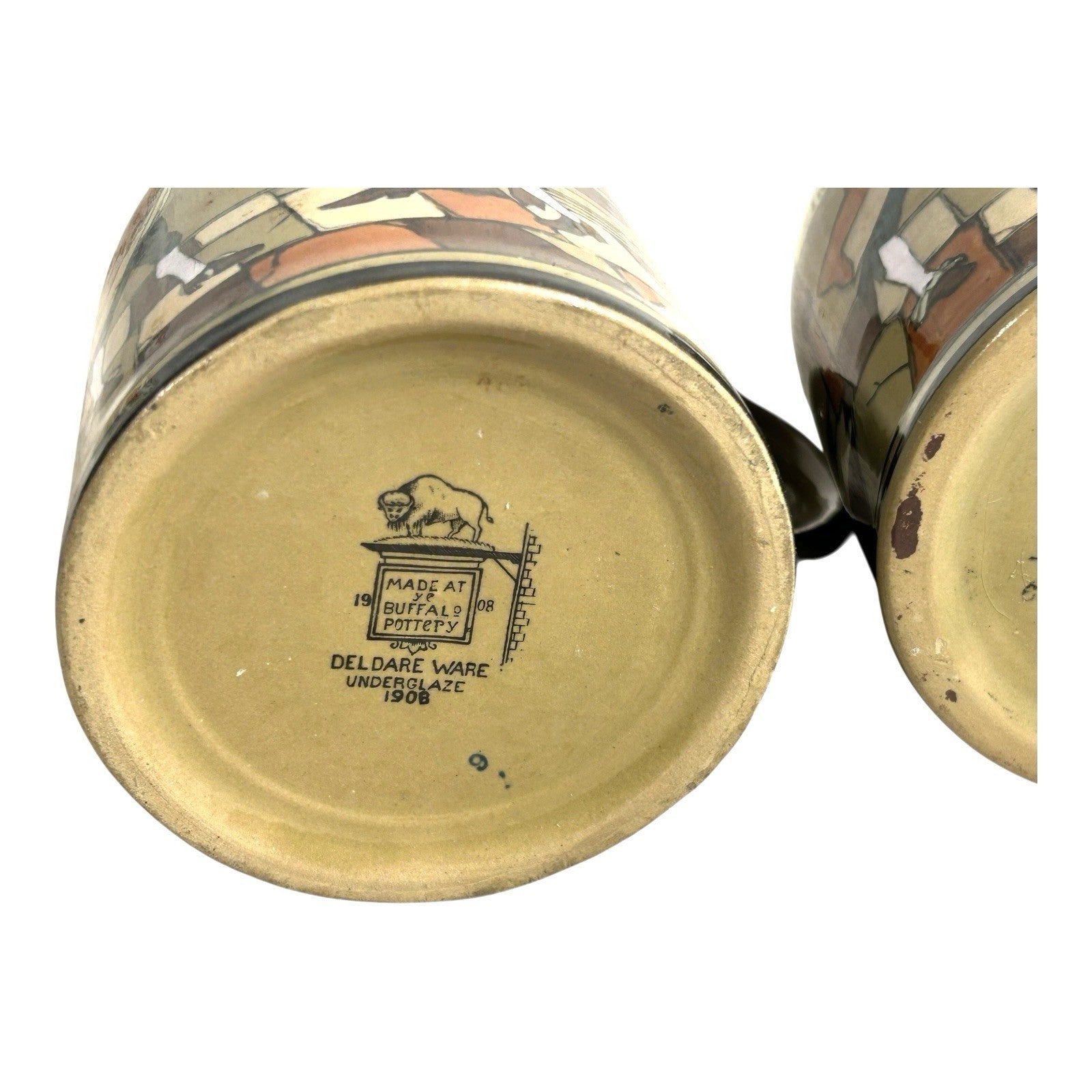 Antique Buffalo Pottery Set of Two Mugs Beer Stein Ye Lion Inn