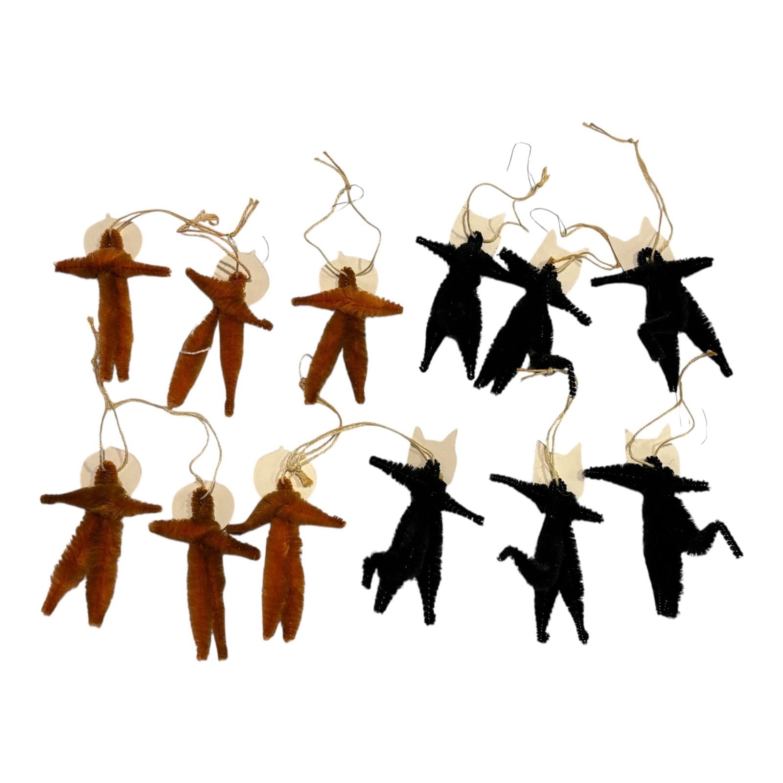 Vintage Japan Chenille Halloween Black Cat & Pumpkin Ornaments (Set of 12)