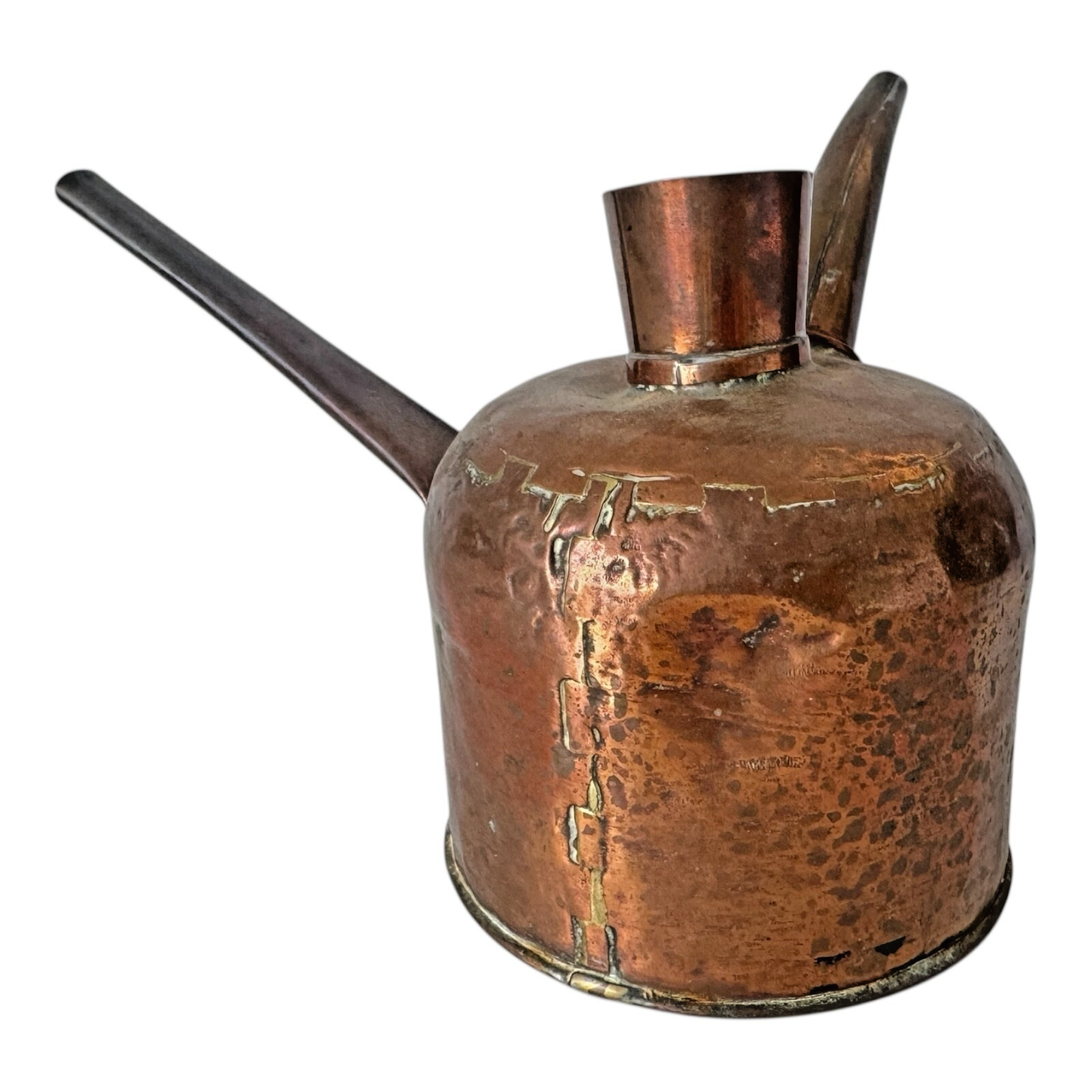 Antique Hand-Hammered Copper Oil Can with Side Handle & Long Spout