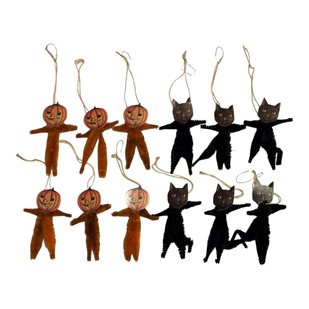 Vintage Japan Chenille Halloween Black Cat & Pumpkin Ornaments (Set of 12)