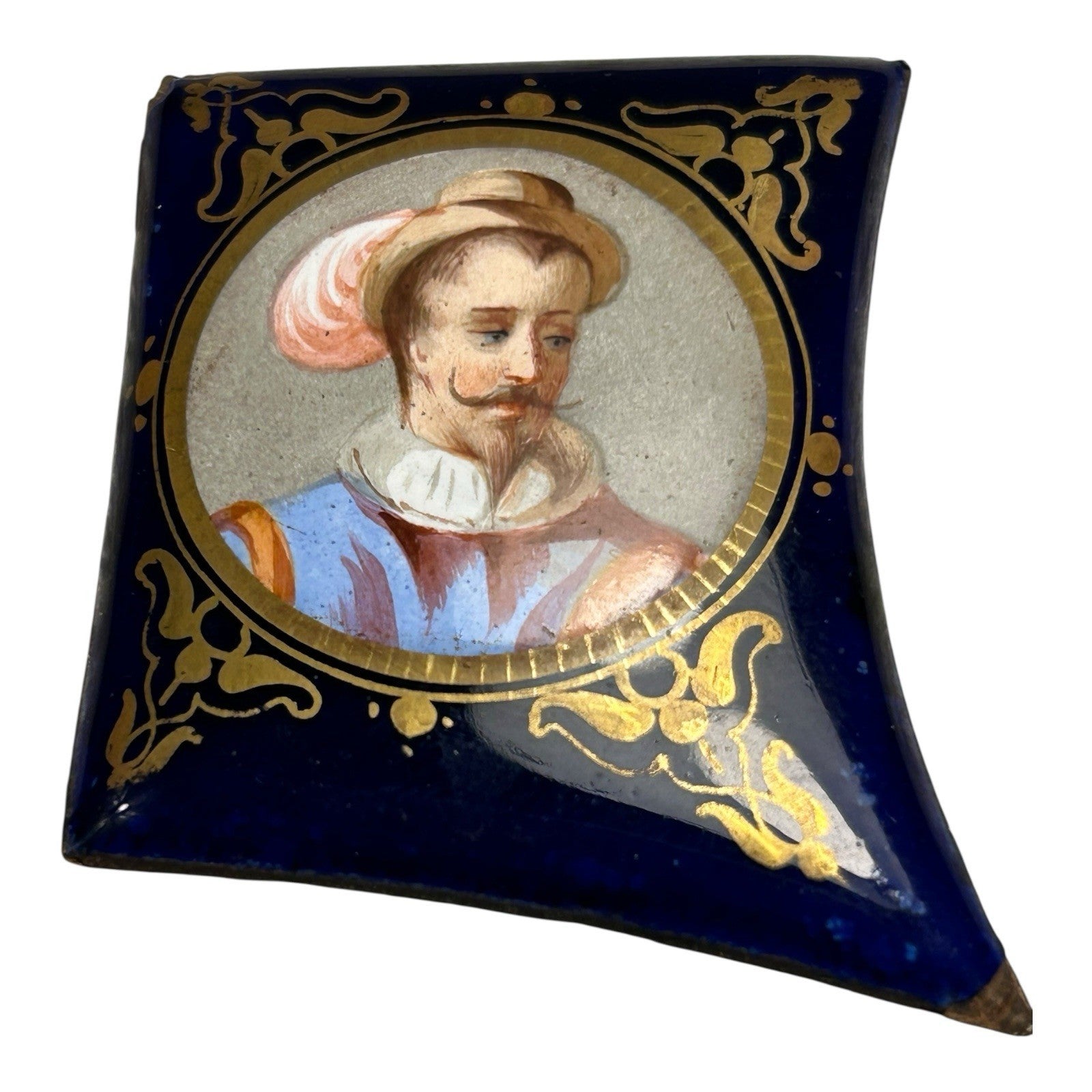 Antique Miniature Enamel Cobalt Portrait of Man on Copper Backing
