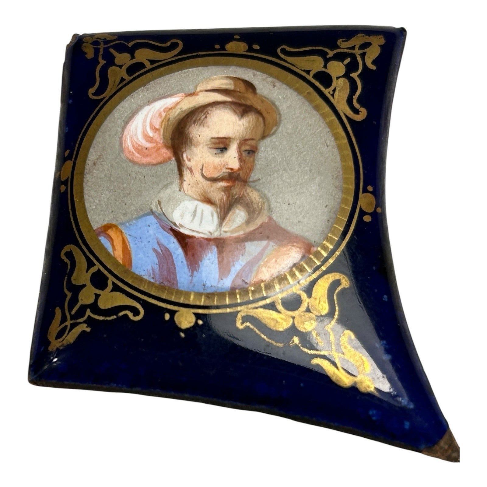 Antique Miniature Enamel Cobalt Portrait of Man on Copper Backing