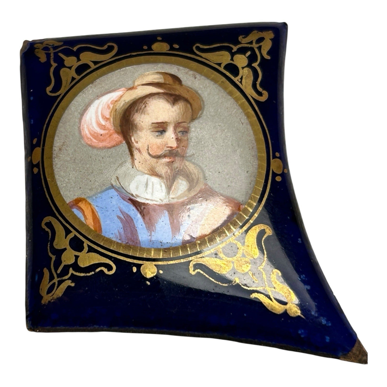 Antique Miniature Enamel Cobalt Portrait of Man on Copper Backing