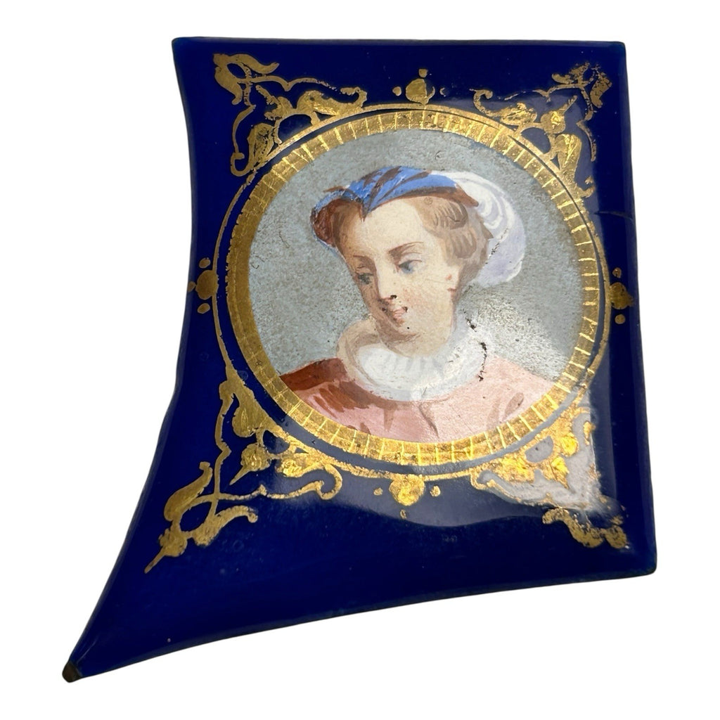 Antique Miniature Enamel Cobalt Portrait of Woman on Copper Backing