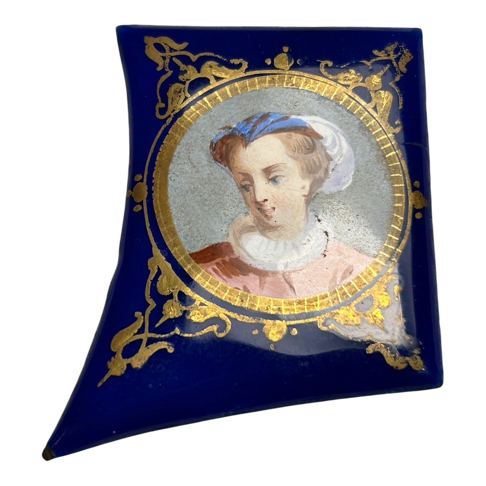 Antique Miniature Enamel Cobalt Portrait of Woman on Copper Backing