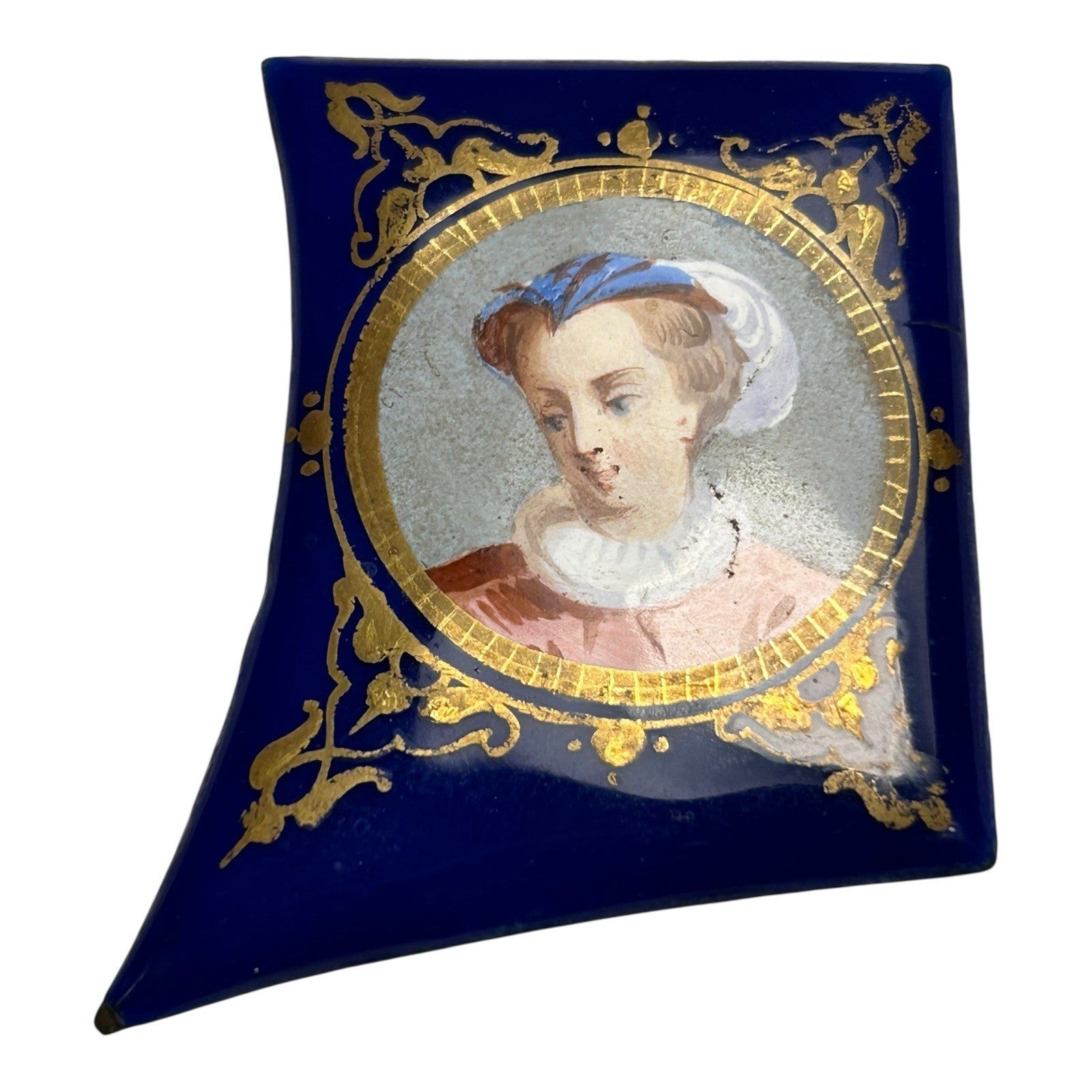 Antique Miniature Enamel Cobalt Portrait of Woman on Copper Backing