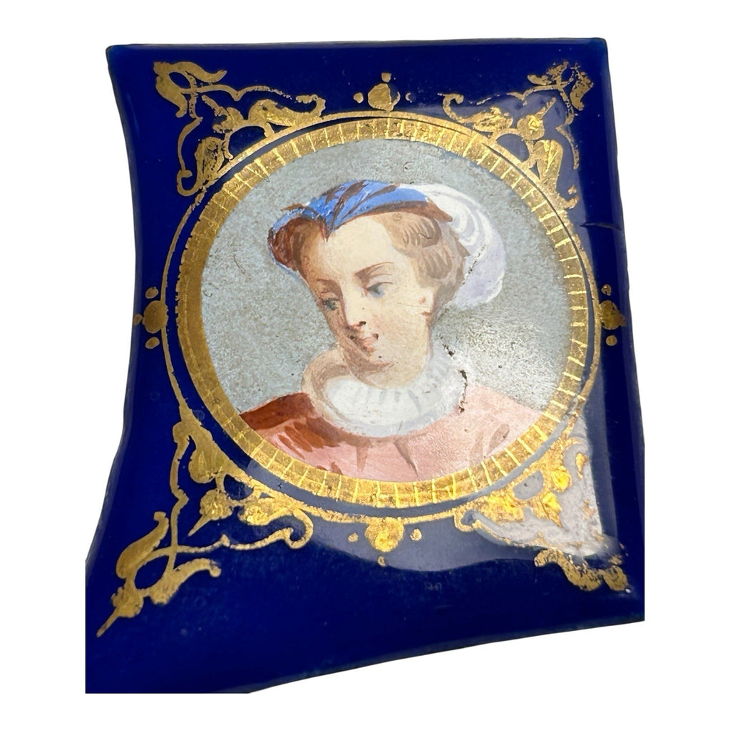 Antique Miniature Enamel Cobalt Portrait of Woman on Copper Backing