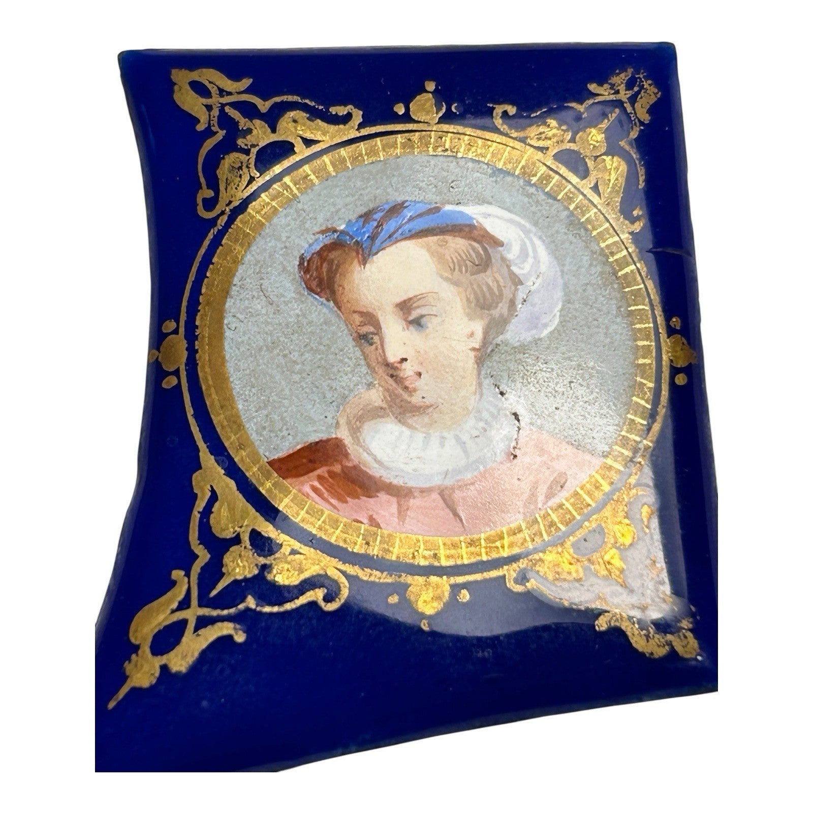 Antique Miniature Enamel Cobalt Portrait of Woman on Copper Backing