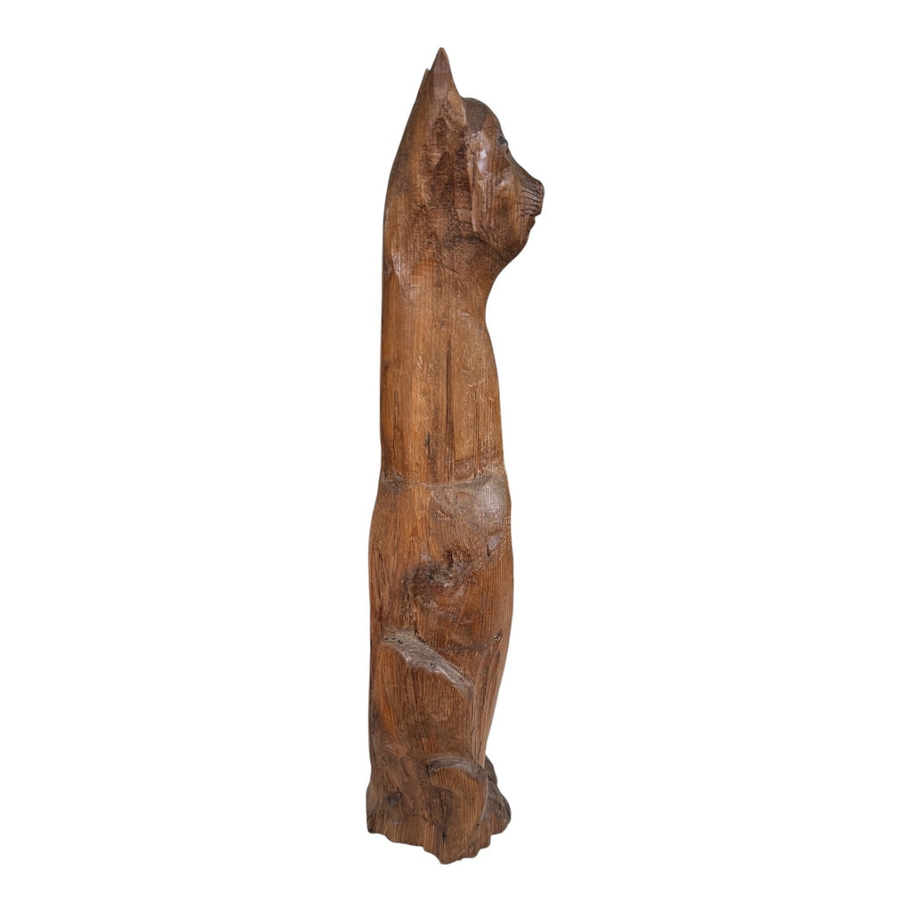 Vintage Tall Mid-Century Handcarved Folk Art Primitive Wooden Cat Statue