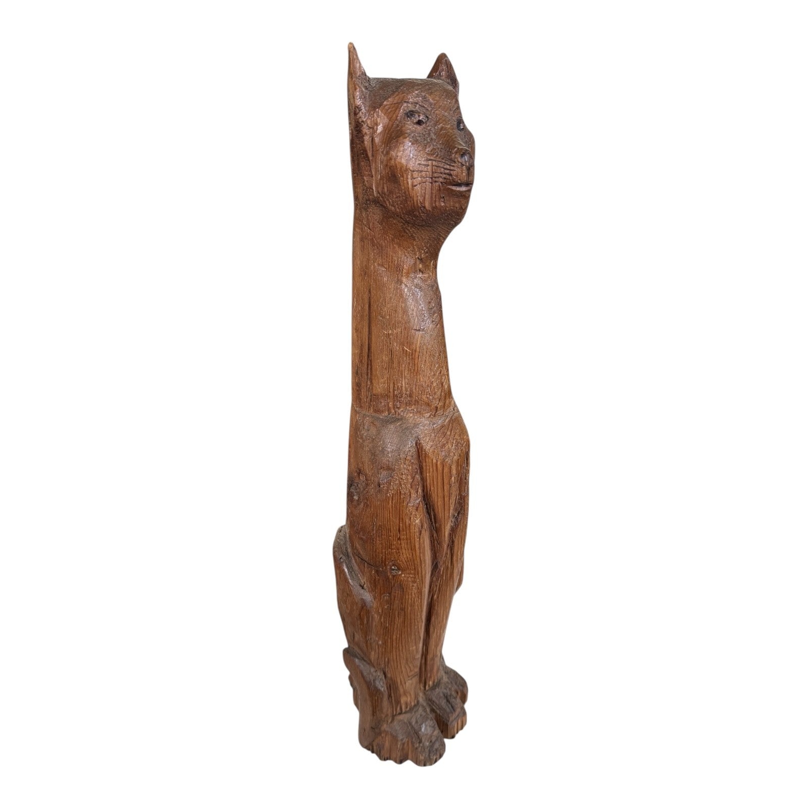 Vintage Tall Mid-Century Handcarved Folk Art Primitive Wooden Cat Statue