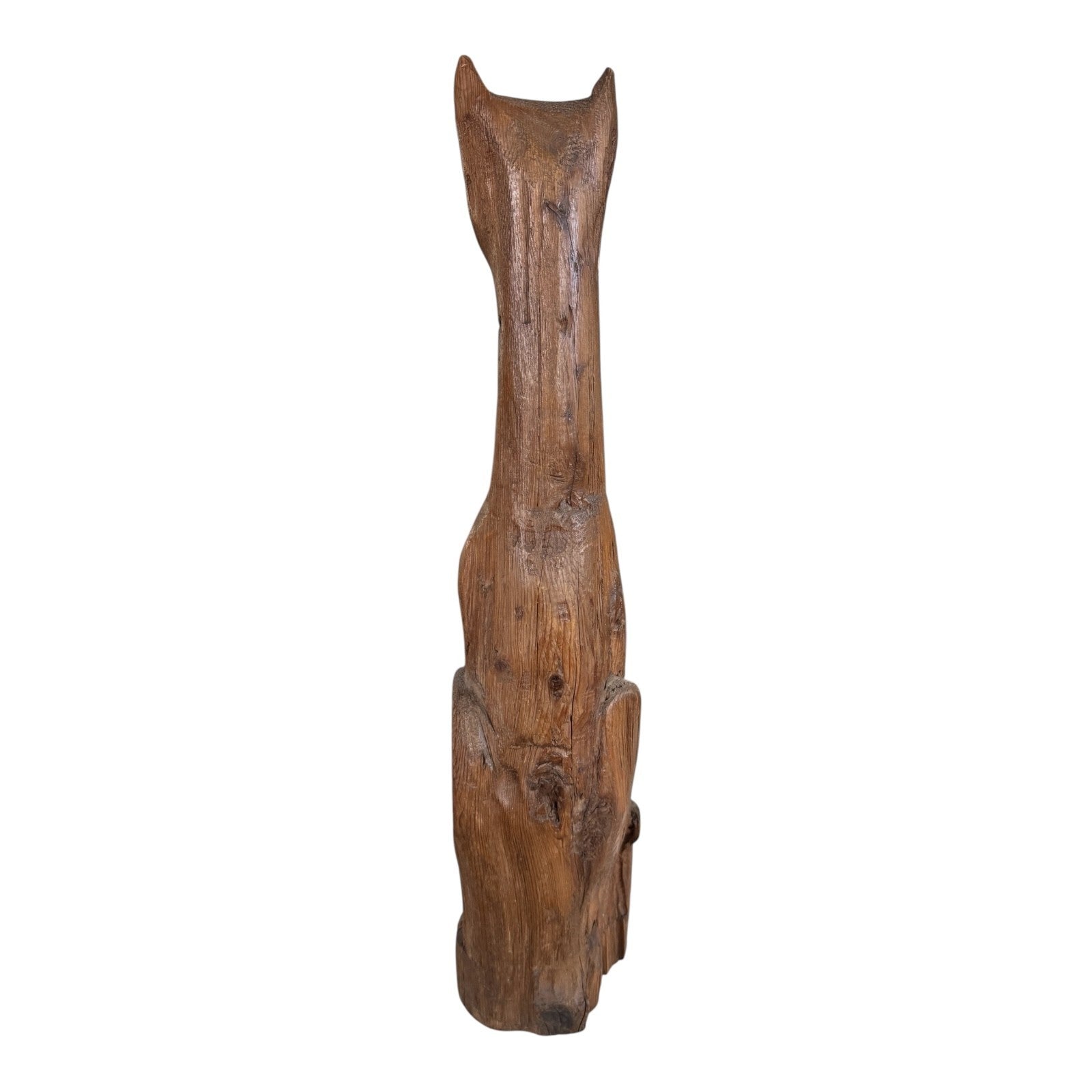 Vintage Tall Mid-Century Handcarved Folk Art Primitive Wooden Cat Statue