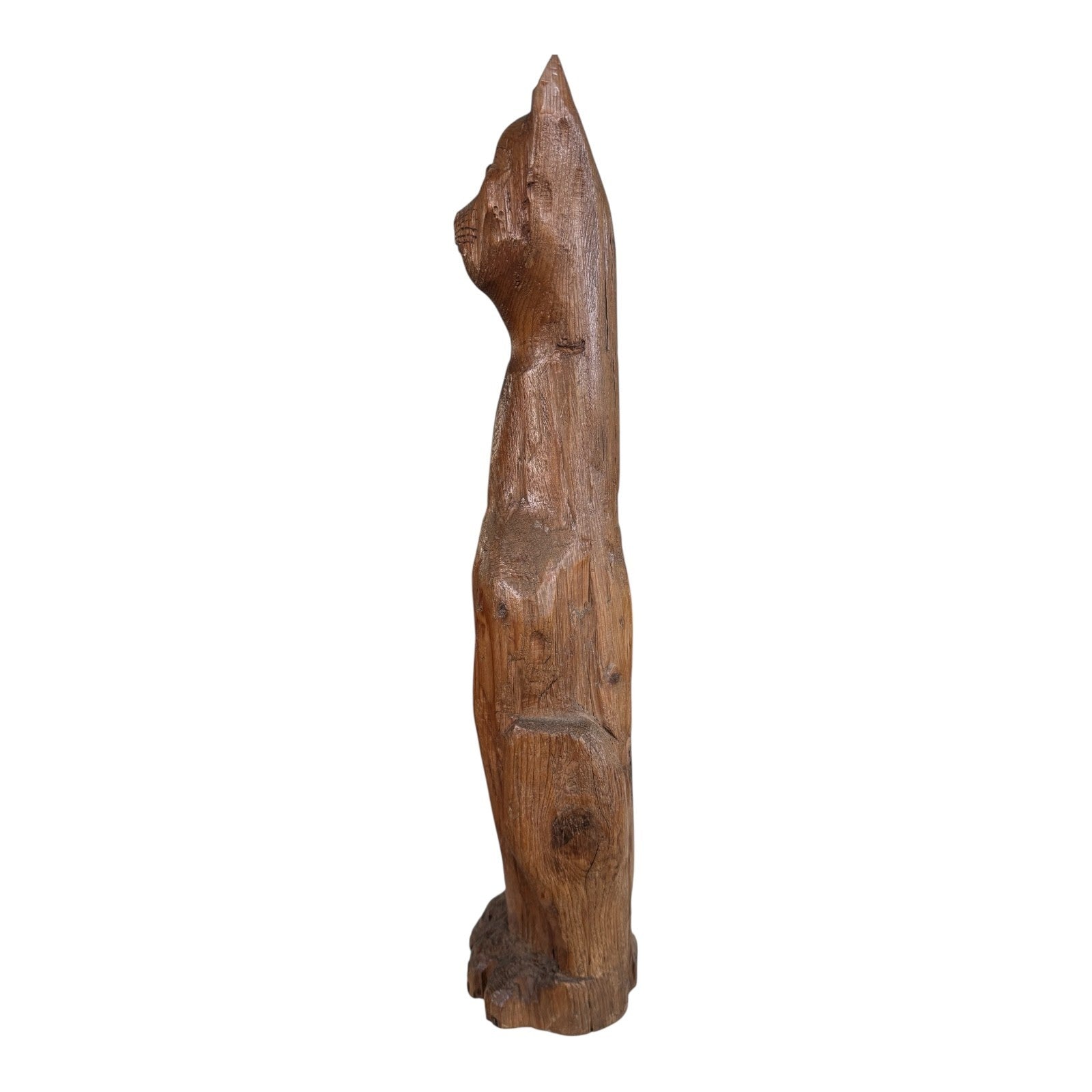 Vintage Tall Mid-Century Handcarved Folk Art Primitive Wooden Cat Statue