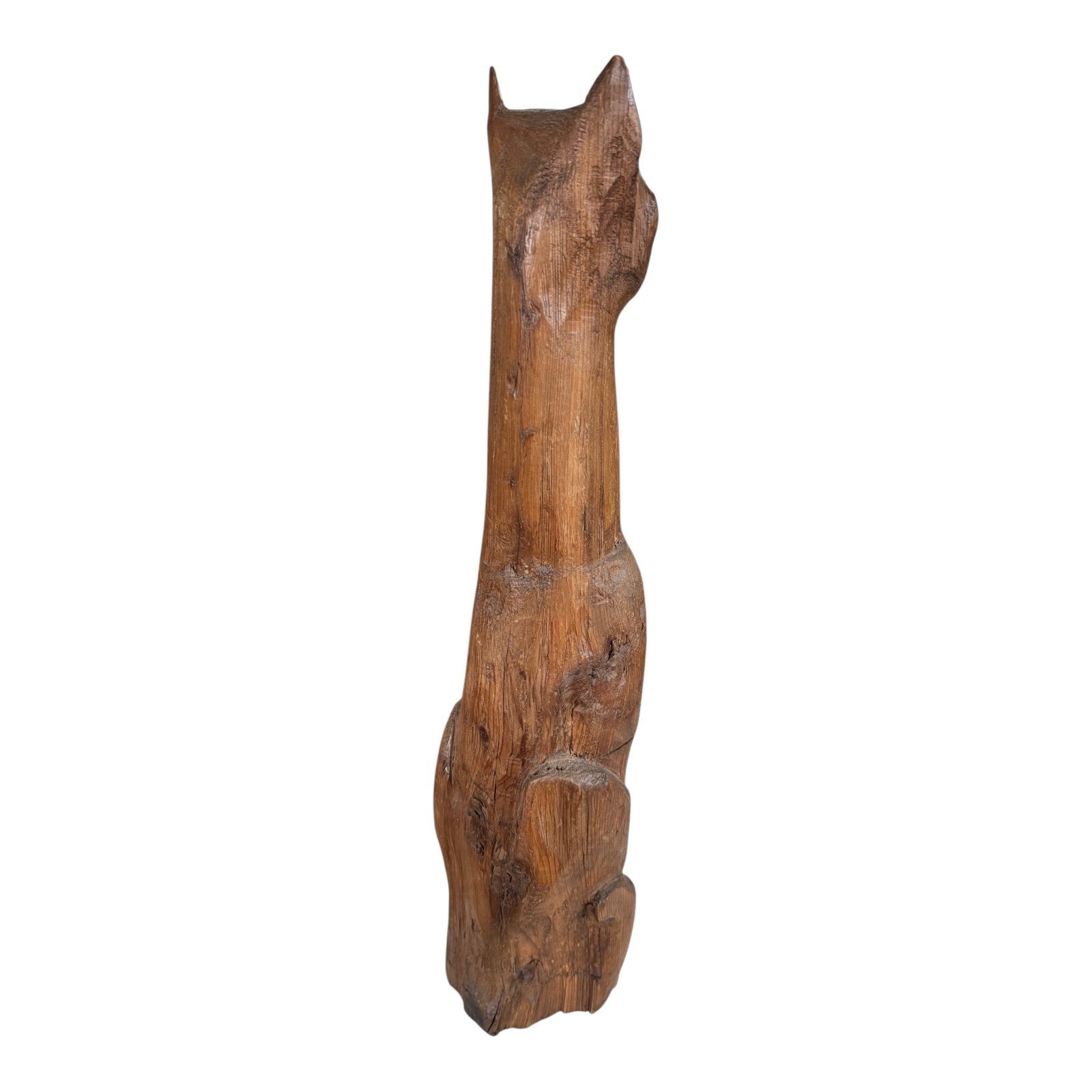 Vintage Tall Mid-Century Handcarved Folk Art Primitive Wooden Cat Statue