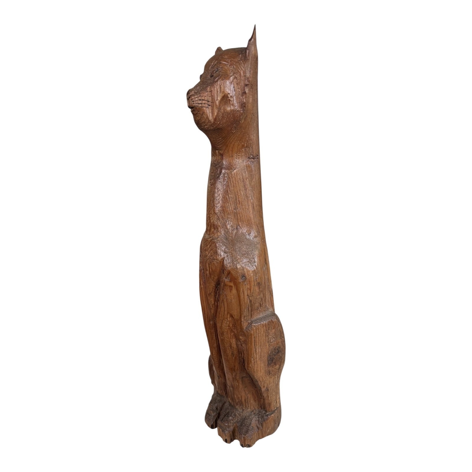 Vintage Tall Mid-Century Handcarved Folk Art Primitive Wooden Cat Statue