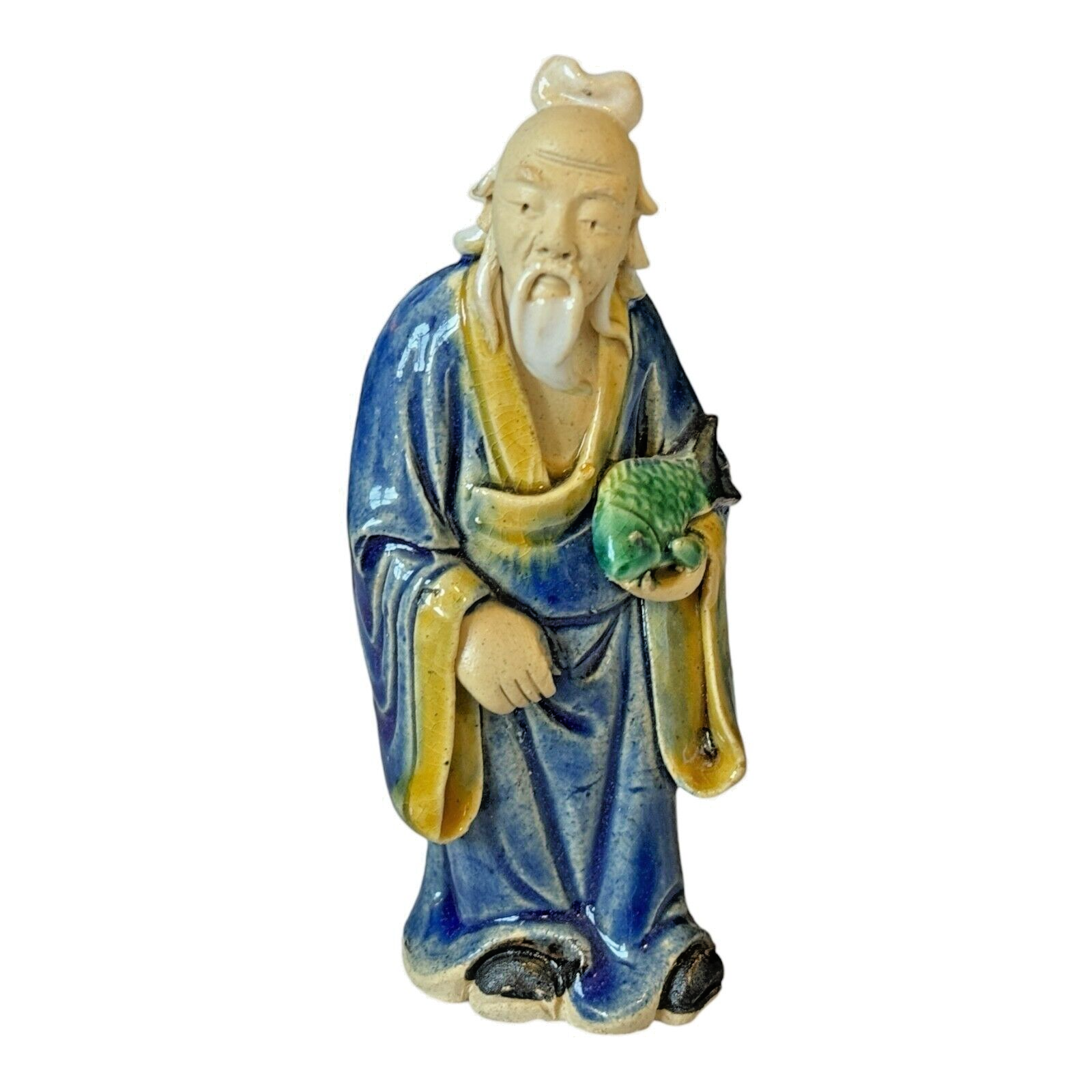 Antique Chinese Export Blue-Glazed Ceramic Pottery Mudman Figurine