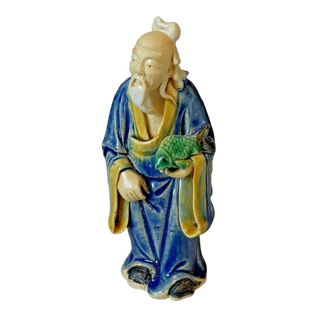 Antique Chinese Export Blue-Glazed Ceramic Pottery Mudman Figurine