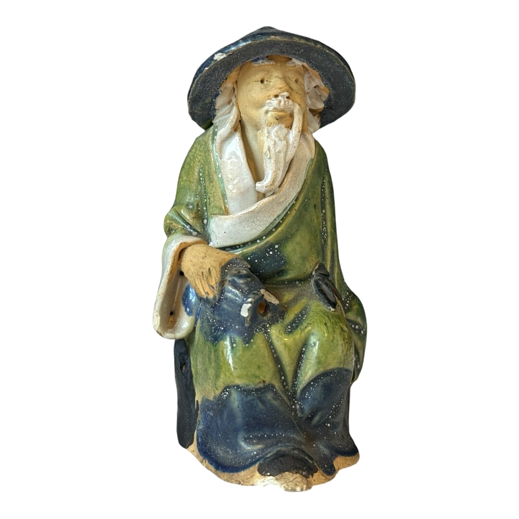 Antique Chinese Export Green Matte Glazed Ceramic Mudman Figurine