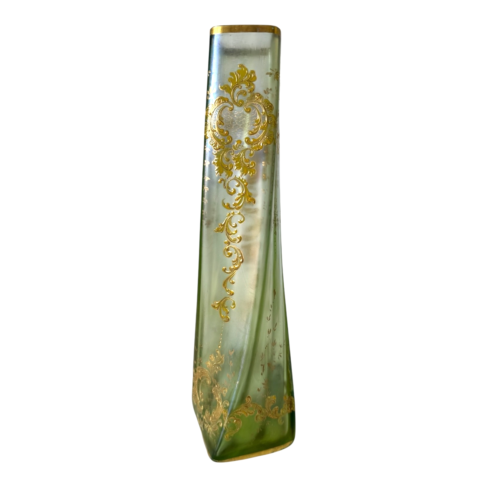 Antique Czech Bohemian Twisted Opalescent Glass Vase - Gold Gilt & Enameled