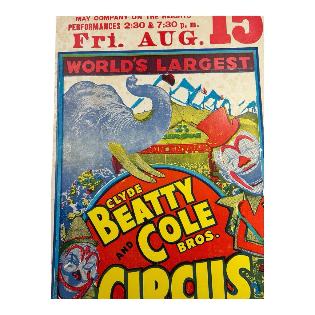 Vintage Clyde Beatty & Cole Bros Cardboard Circus Poster - Elephant and Clown