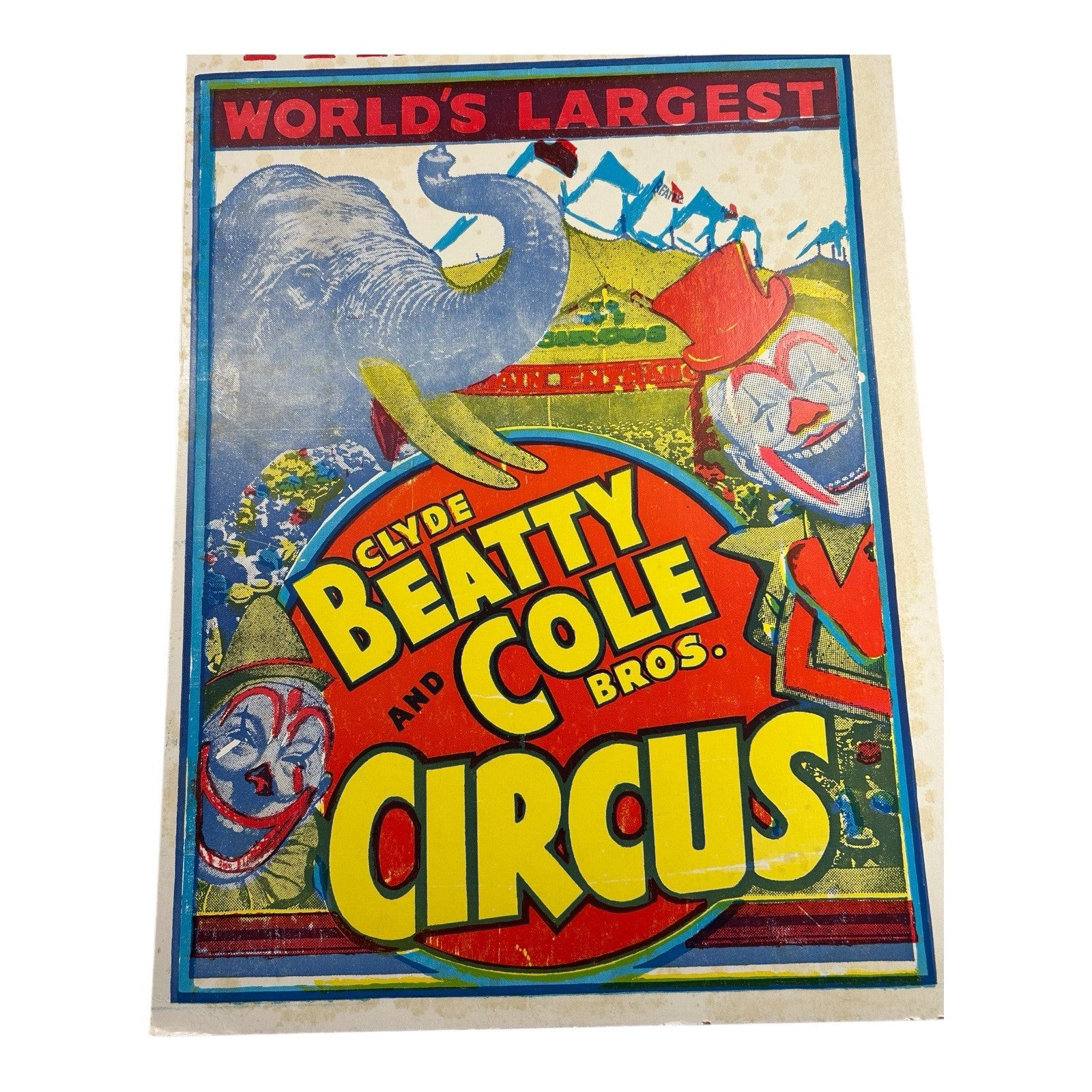 Vintage Clyde Beatty & Cole Bros Cardboard Circus Poster - Elephant and Clown