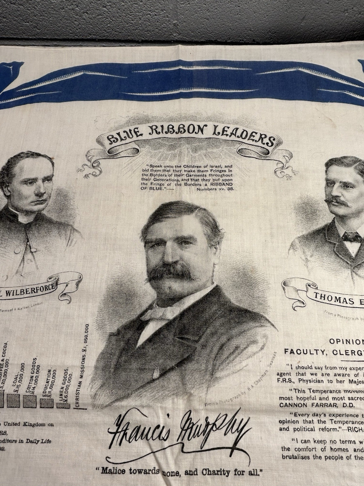 Antique Gospel & Temperance Blue Ribbon Army Leaders Linen