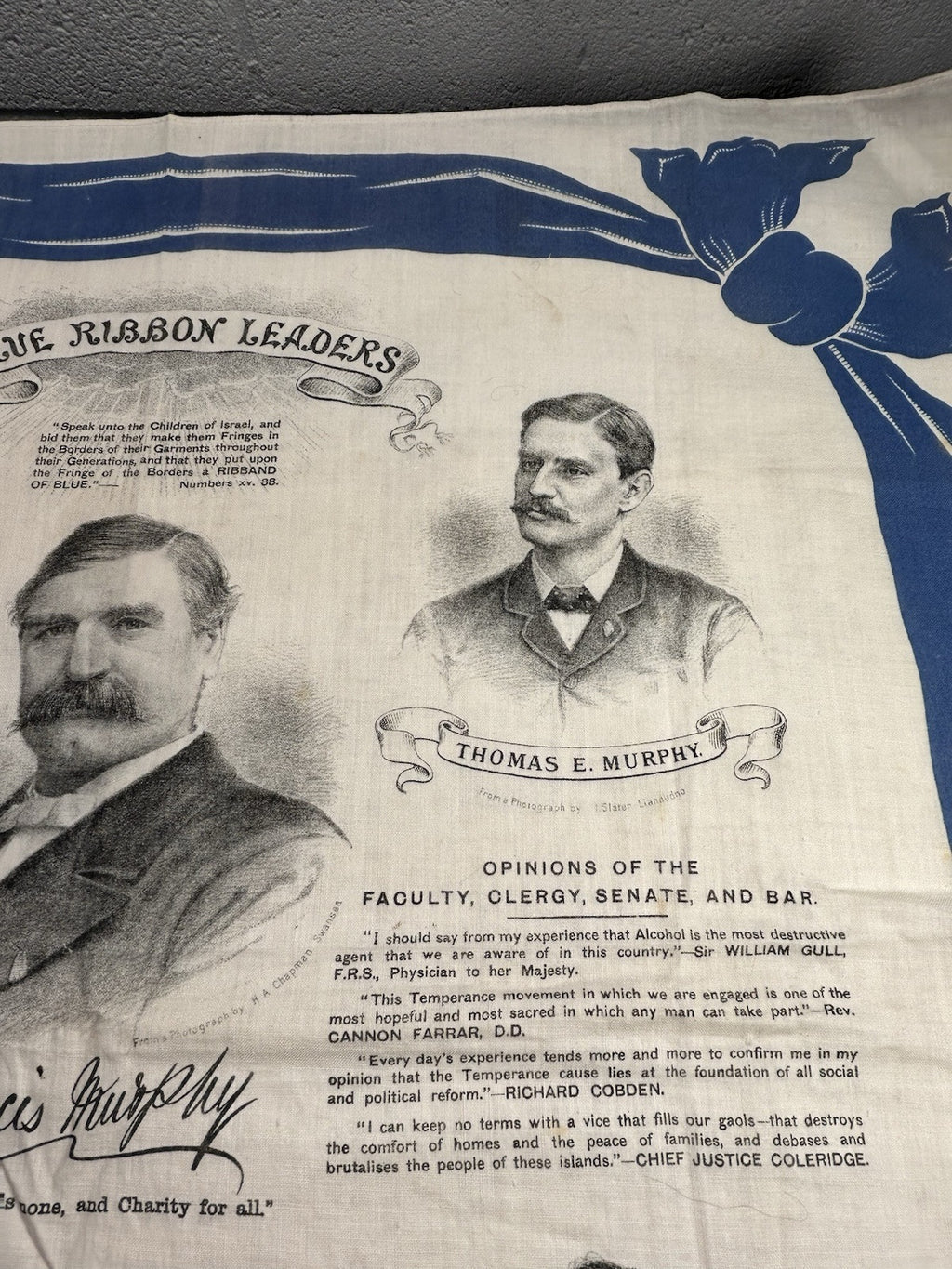 Antique Gospel & Temperance Blue Ribbon Army Leaders Linen
