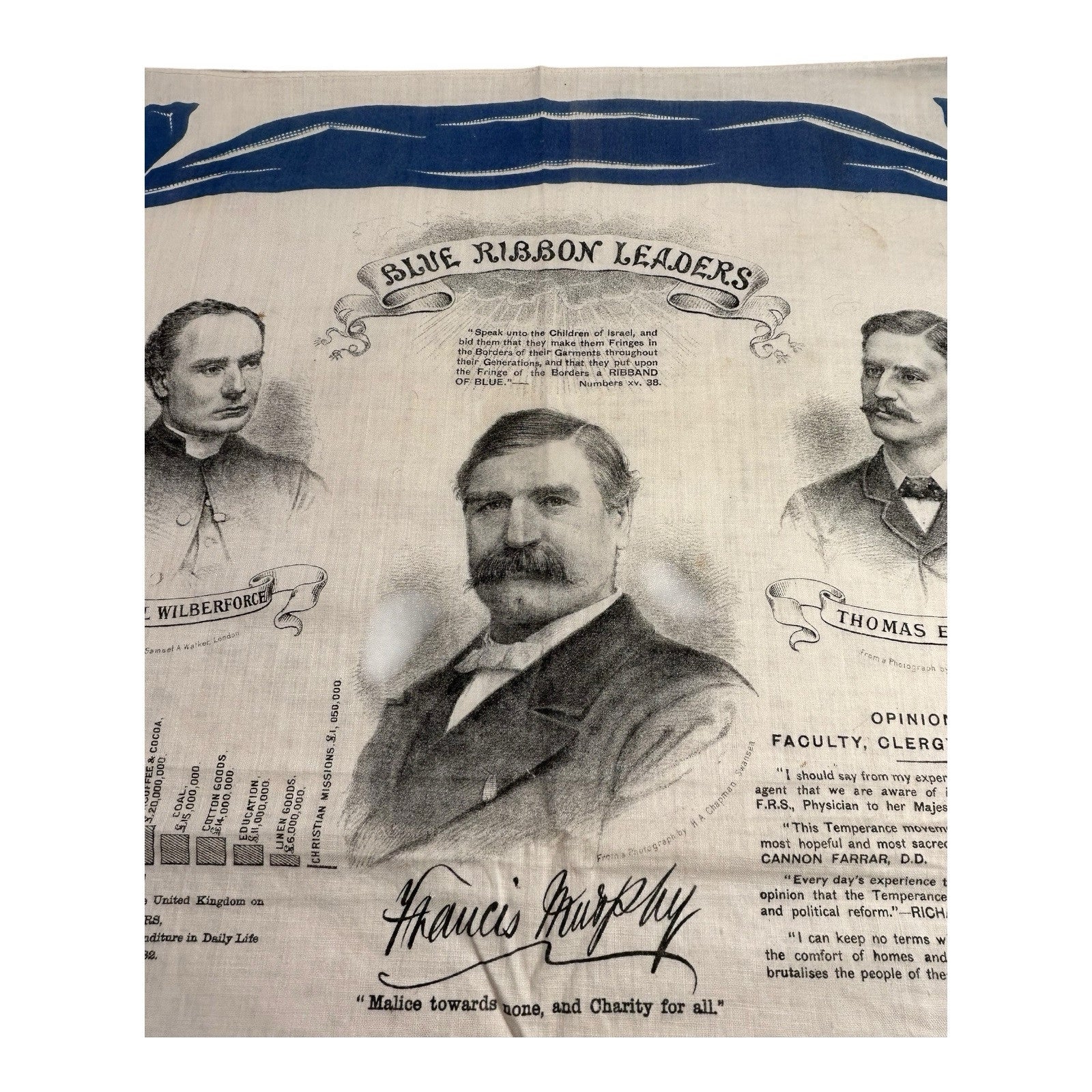 Antique Gospel & Temperance Blue Ribbon Army Leaders Linen