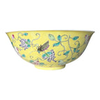 Antique Chinese Qing Dynasty Famille Jaune Bowl - Flower Sprigs Insects Pattern