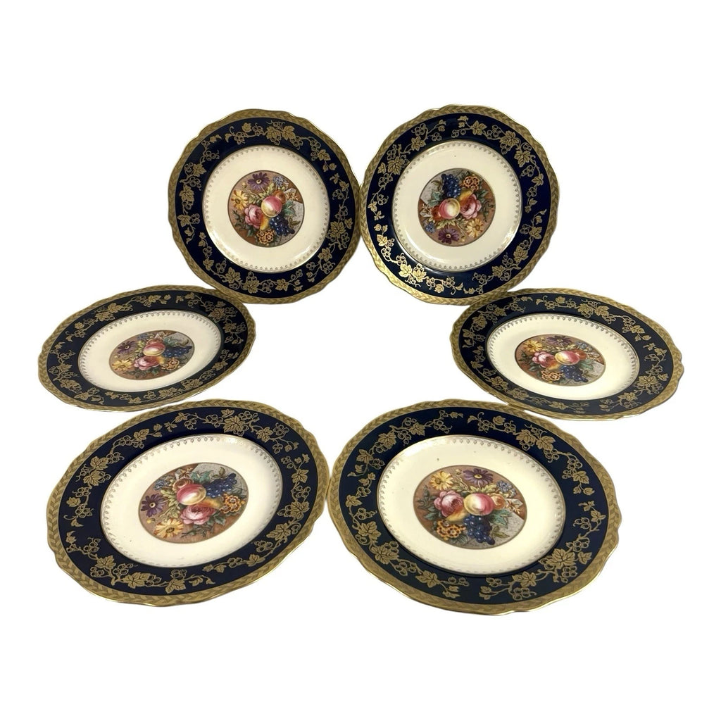 Antique Set of 6 Spode Copeland Cobalt Blue Gold Trim Fruit Grapes Lunch Plates
