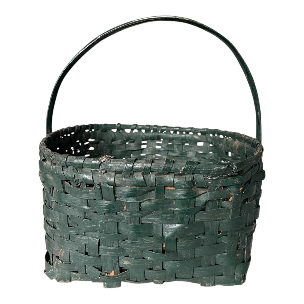 Antique Dark Green Painted Split Oak Gathering Basket with Bentwood Handle