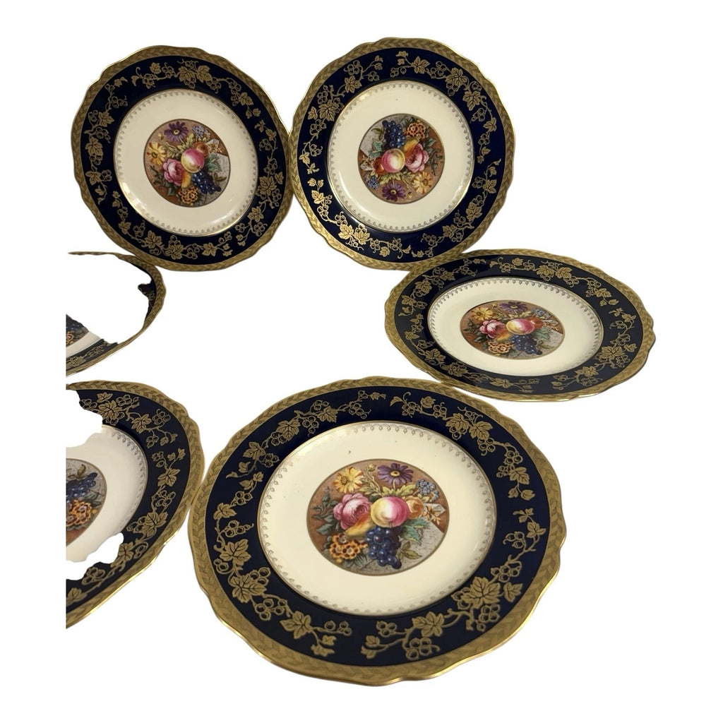 Antique Set of 6 Spode Copeland Cobalt Blue Gold Trim Fruit Grapes Lunch Plates