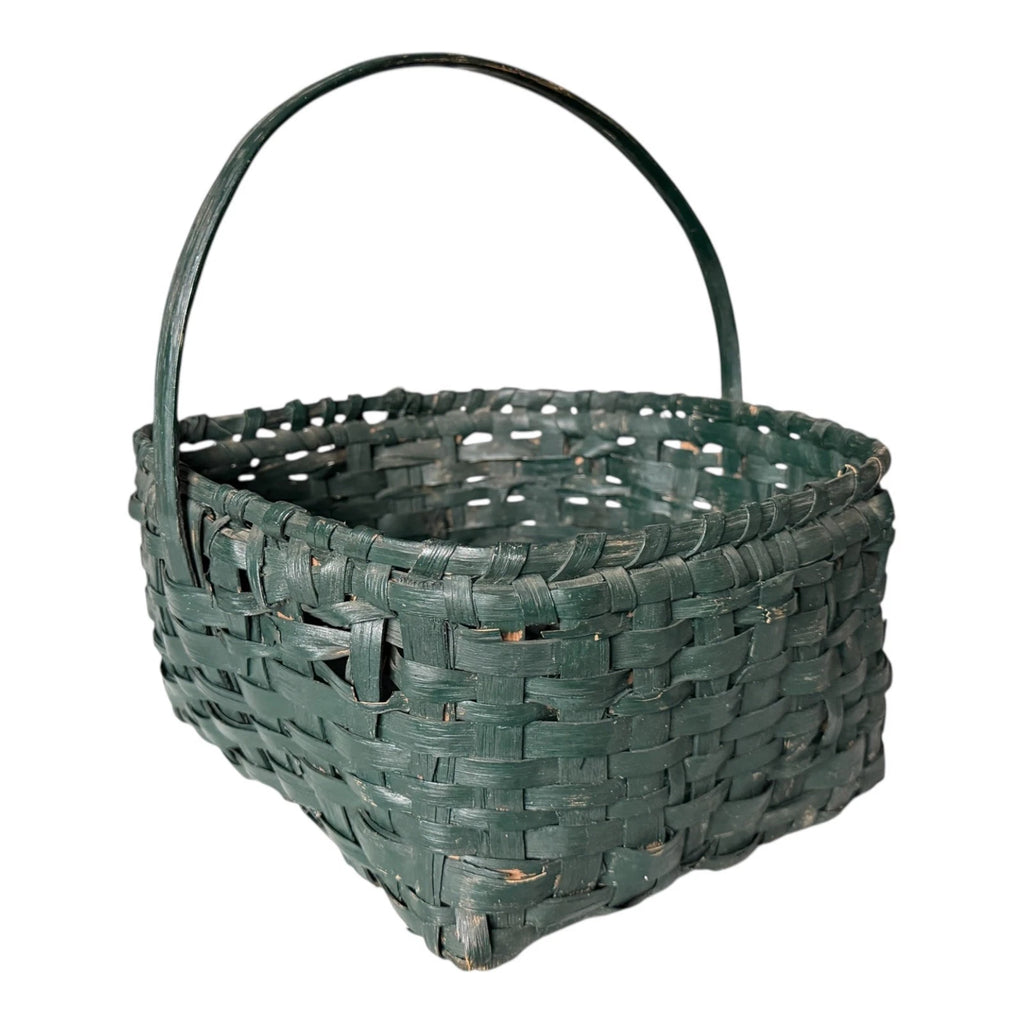 Antique Dark Green Painted Split Oak Gathering Basket with Bentwood Handle