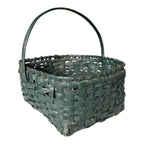Antique Dark Green Painted Split Oak Gathering Basket with Bentwood Handle